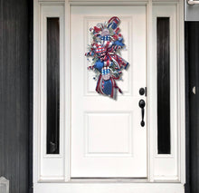 Load image into Gallery viewer, Patriotic Door Swag Wreath, 4th of July Wreath, Red White Blue Ribbon Wreath, Americana Summer Decor, Firecracker Front Door Swag
