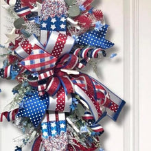 Load image into Gallery viewer, Patriotic Door Swag Wreath, 4th of July Wreath, Red White Blue Ribbon Wreath, Americana Summer Decor, Firecracker Front Door Swag
